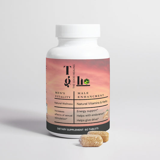 A bottle of Men's Vitality Health dietary supplement with 60 tablets for male enhancement. The label features a serene sunset with text detailing the product's benefits and ingredients.